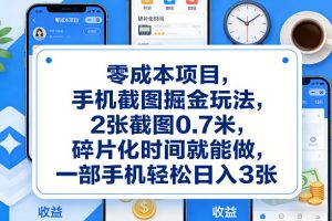 零成本项目，手机截图掘金玩法，2张截图0.7米，碎片化时间就能做，一部手机轻松日入3张【揭秘】-网创资源站