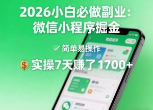 2026小白必做副业：微信小程序掘金，简单易操作，实操7天賺了1700+【揭秘】-网创资源站