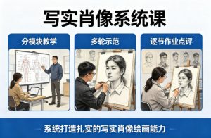 写实肖像系统课，全程分模块教学+多轮示范+逐节作业点评，系统打造扎实的写实肖像绘画能力-网创资源站