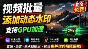 批量视频添加动态水印！Windows纯本地运行，支持GPU加速，完全免费，视频防搬运工具水印工坊，可以批量-网创资源站