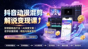 抖音动漫混剪解说变现课：双增量精选打法｜AI深度文案｜花字封面剪辑｜ 精选与独家签约日入1000+-网创资源站