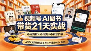 视频号AI图书带货21天实战:不用露脸×不囤货×不发愁内容,AI写文案做视频挂小黄车,佣金50%+爆单-网创资源站
