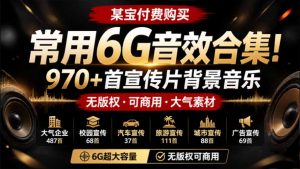 某宝付费购买,常用6G音效合集!970+首宣传片背景音乐,无版权可商用大气素材,分类清晰,高质量内容-网创资源站
