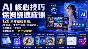 AI核心技巧保姆级速成课|120集零基础实操,AI写真/生图生视频/趣味动画/修图排版/智能办公/爆款短视频一站式全掌握-网创资源站