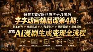 抖音110W粉丝博主十八漫的字字动画精品课第4期：剧本创作+分镜生成+剪辑+商业接单，掌握AI漫剧生成变现全流程-网创资源站