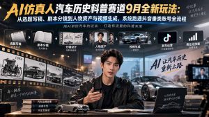 AI仿真人汽车历史科普赛道9月全新玩法:从选题写稿、剧本分镜到人物资产与视频生成,系统跑通抖音垂类账号全流程-网创资源站