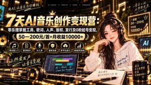 AI音乐创作变现营:零乐理掌握工具、歌词、人声、版权、发行及0粉起号变现,50—200元/首+月收益10000+-网创资源站