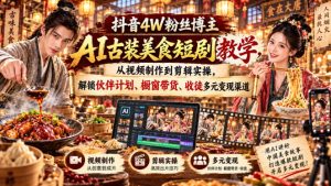 抖音4W粉丝博主AI古装美食短剧教学，从视频制作到剪辑实操，解锁伙伴计划、橱窗带货、收徒多元变现渠道-网创资源站