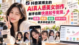 抖音某博主的AI真人感美女创作,新手也能快速起号变现,解锁星图,商单,收徒,伙伴计划等多种收益方式-网创资源站