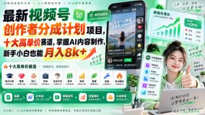 最新视频号创作者分成计划项目,十大高单价赛道,掌握AI内容制作,新手小白也能月入8k+-网创资源站