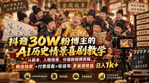 抖音30W粉博主的AI历史情景喜剧教学,从剧本、人物场景、分镜到视频剪辑,精选独家+付费观看+收徒等多渠道收益日入1k+-网创资源站