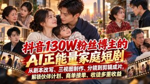 抖音130W粉丝博主的AI正能量家庭短剧,从剧本改写、三视图制作、分镜到剪辑成片,解锁伙伴计划、商单接单、收徒多重收益(更新1007)-网创资源站