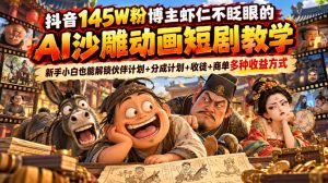 抖音145W粉博主虾仁不眨眼的AI沙雕动画短剧教学，新手小白也能解锁伙伴计划+分成计划+收徒+商单多种收益方式-网创资源站