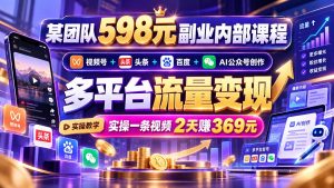 某团队598元副业内部课程:视频号+头条+百度+AI公众号创作、多平台流量变现,实操一条视频2天赚369元-网创资源站