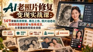 AI老照片修复变现实战课:14节掌握高清修复、黑白上色、照片动态化、短视频直播获客与接单成交,从零基础到变现全流程-网创资源站